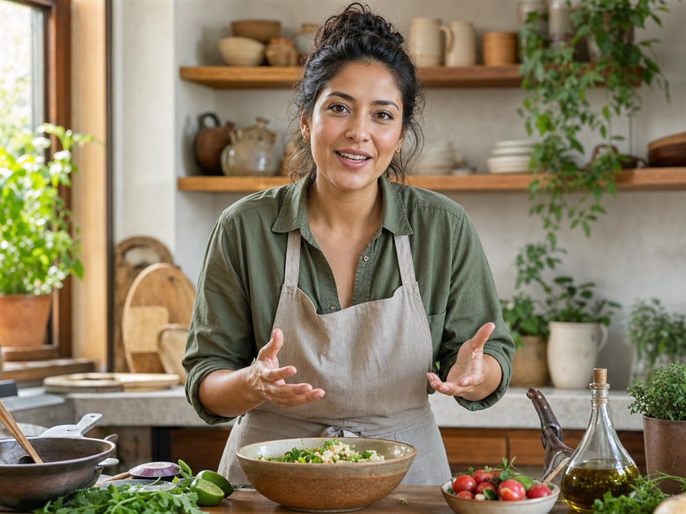 Anfitriona realizando una experiencia de cocina en vivo